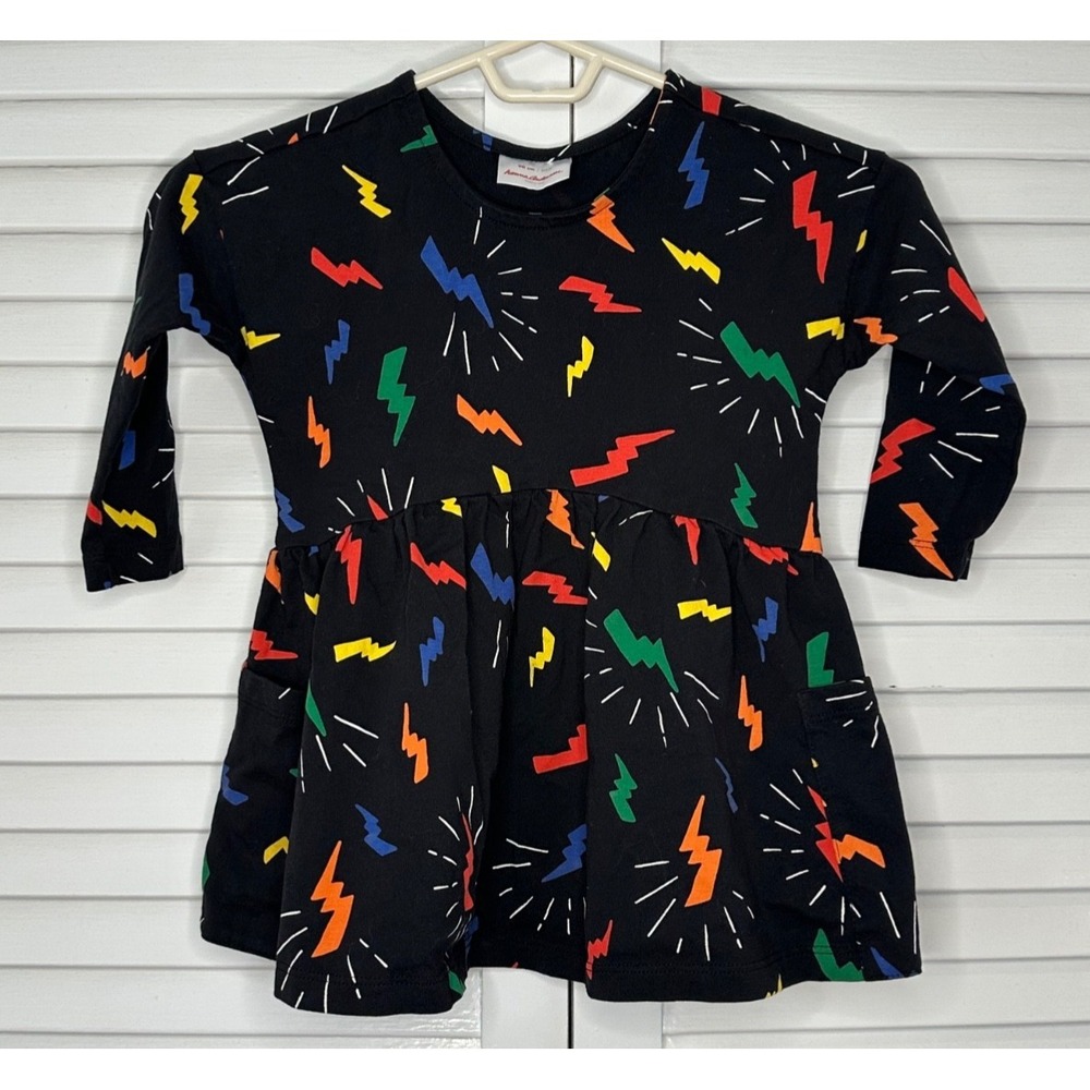 Hanna Andersson Size 90 3T Black Colorful Lightning Print Long Sleeve Dress